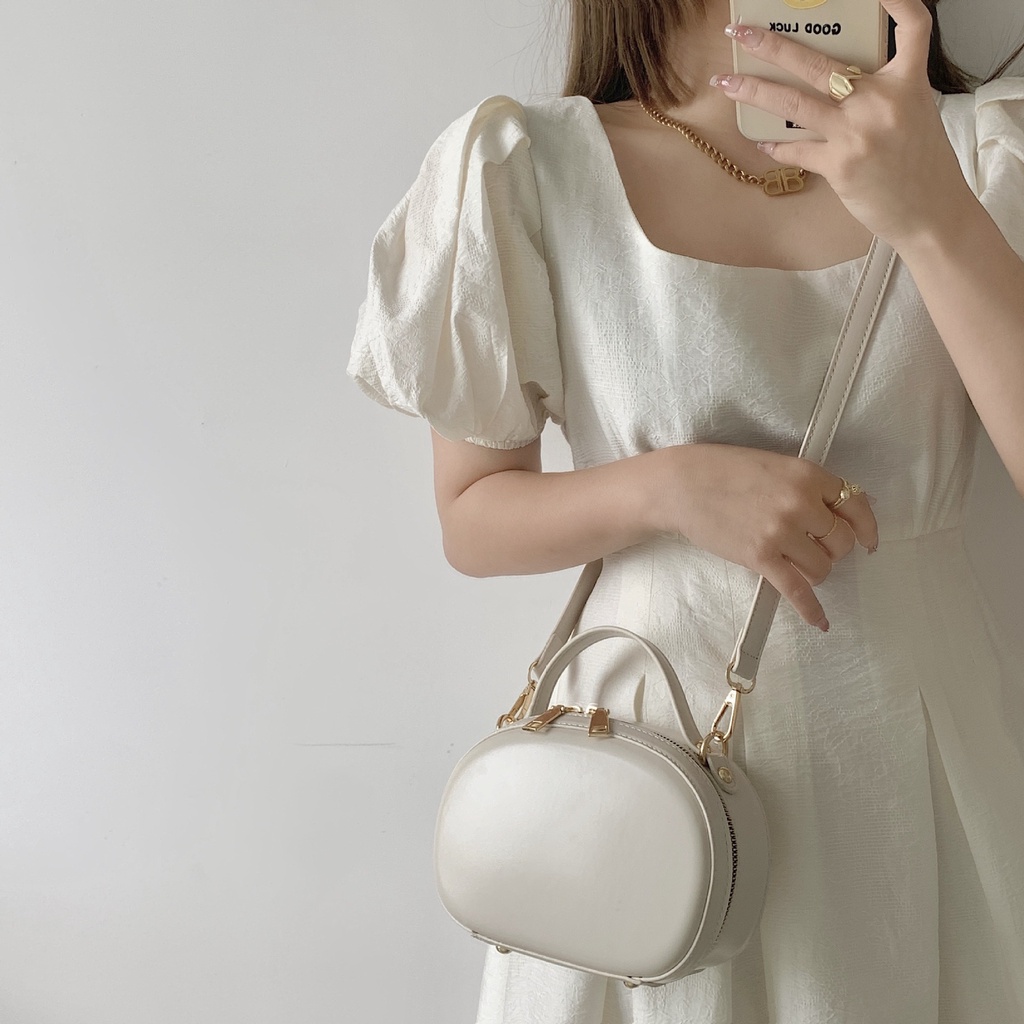 Túi Xách Tròn Đeo Chéo mini Màu Trơn Thời Trang Châu Âu Cho Nữ