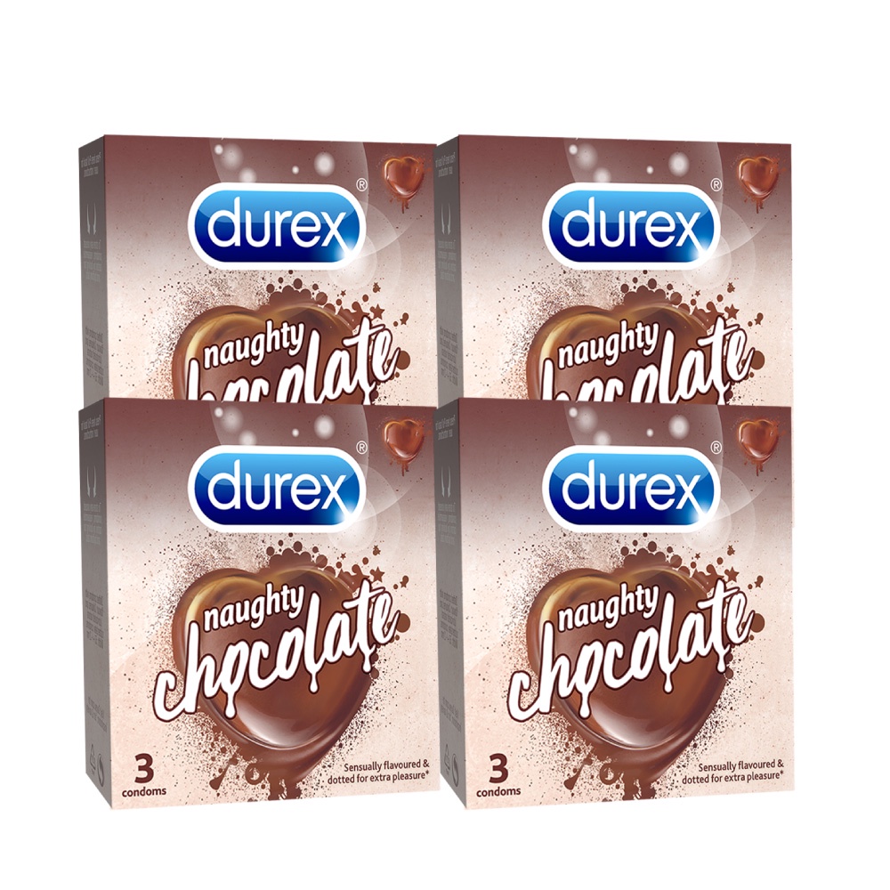 Bộ 4 hộp bao cao su Durex Naughty Chocolate hương socola (size 52mm, 3 bao/hộp)