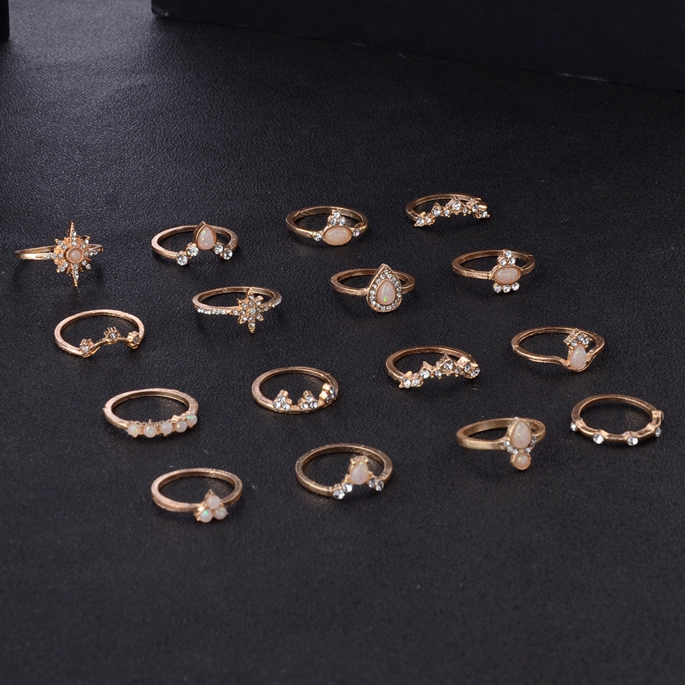 Set 16 nhẫn đính đá opal phong cách Bohemian cổ điển dành cho nữ