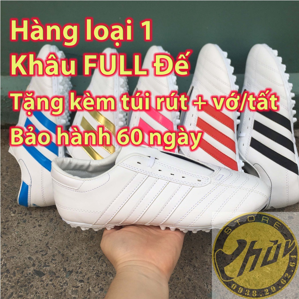 Giày đá banh ba sọc FULL Trắng, Khâu Toàn Bộ Đế, Bảo Hành 60 ngày, tặng 2 phụ kiện