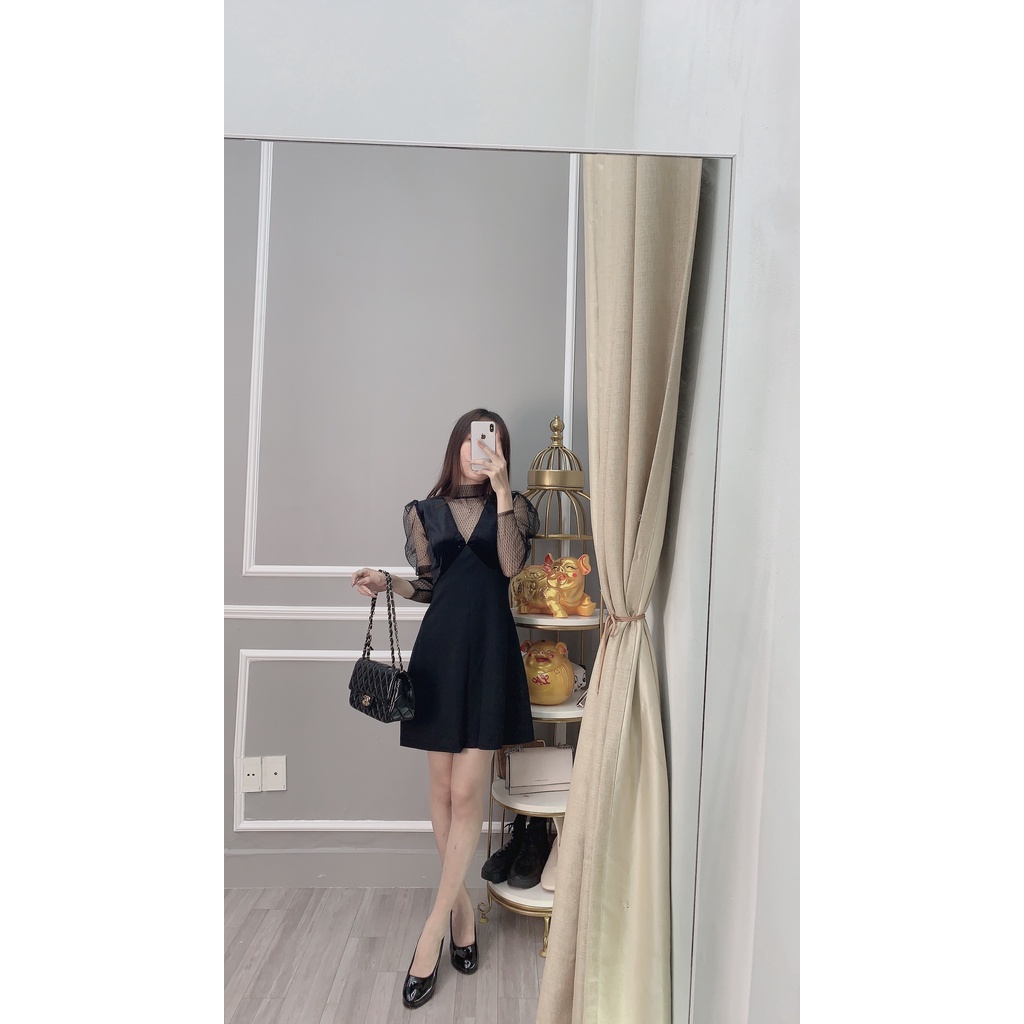 Đầm body dự tiệc phối tay lưới 2023 sang trọng màu đen