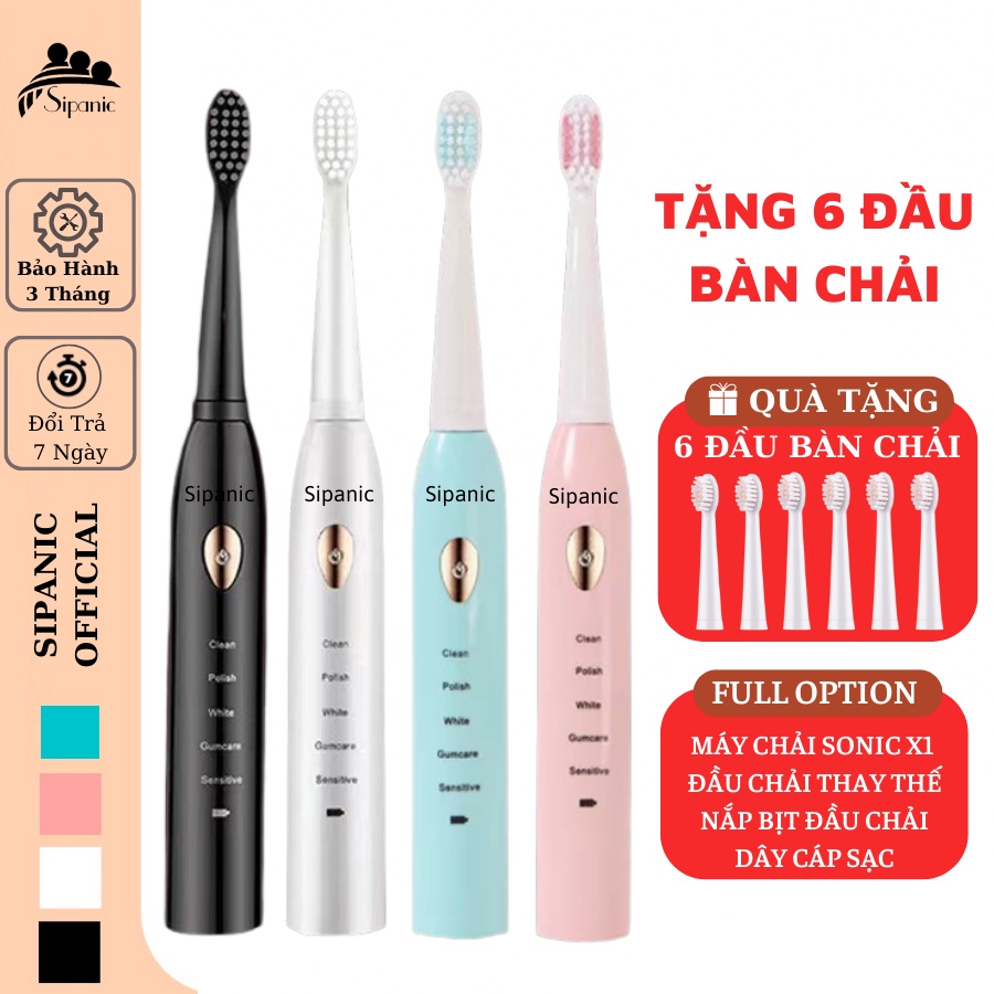 Bàn chải điện, bàn chải đánh răng điện tự động lông mềm công nghệ rung sóng âm và 6 đầu chải