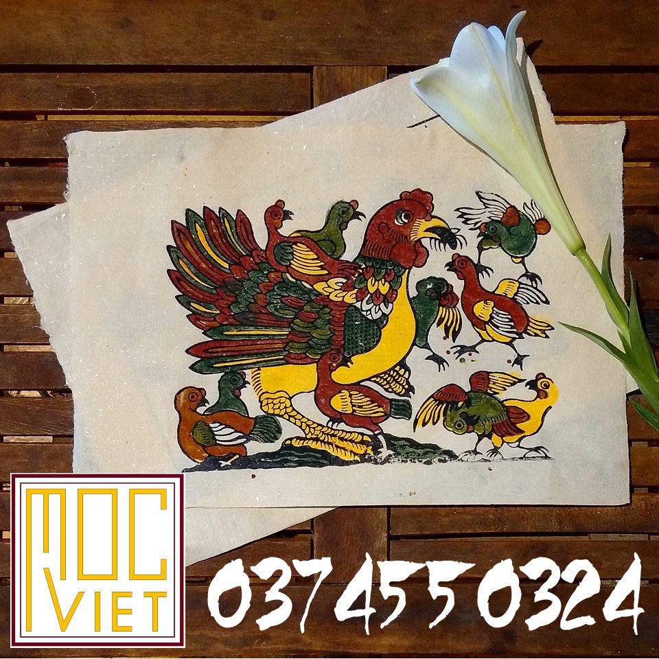 Tranh Đông Hồ Gà đàn tranh cỡ 27x37cm