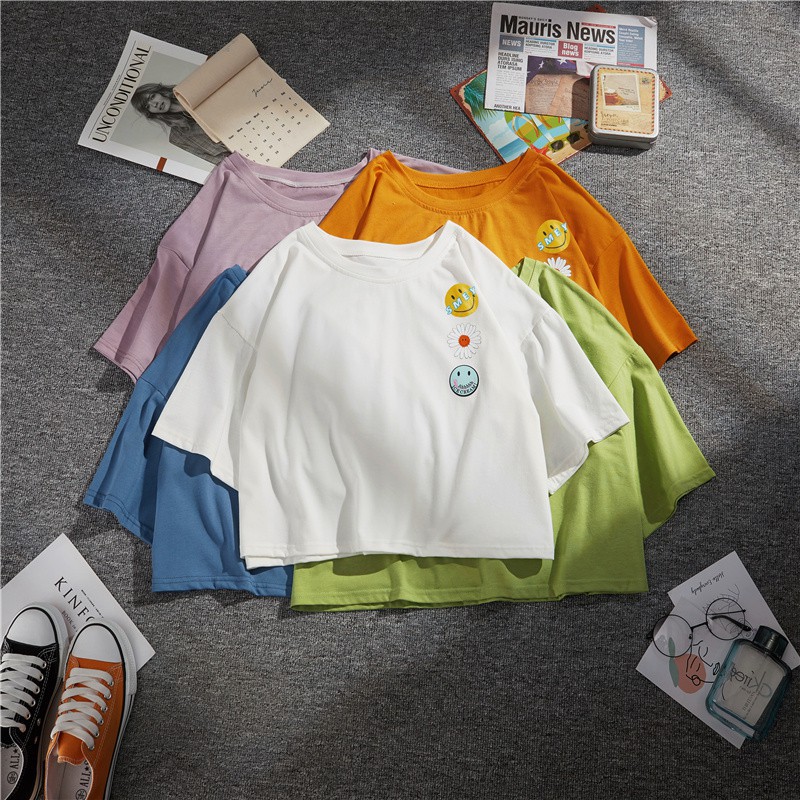 [FREESHIP ĐƠN TỪ 50K] Áo croptop logo 3 hình mặt cười hoa cúc HARI0320