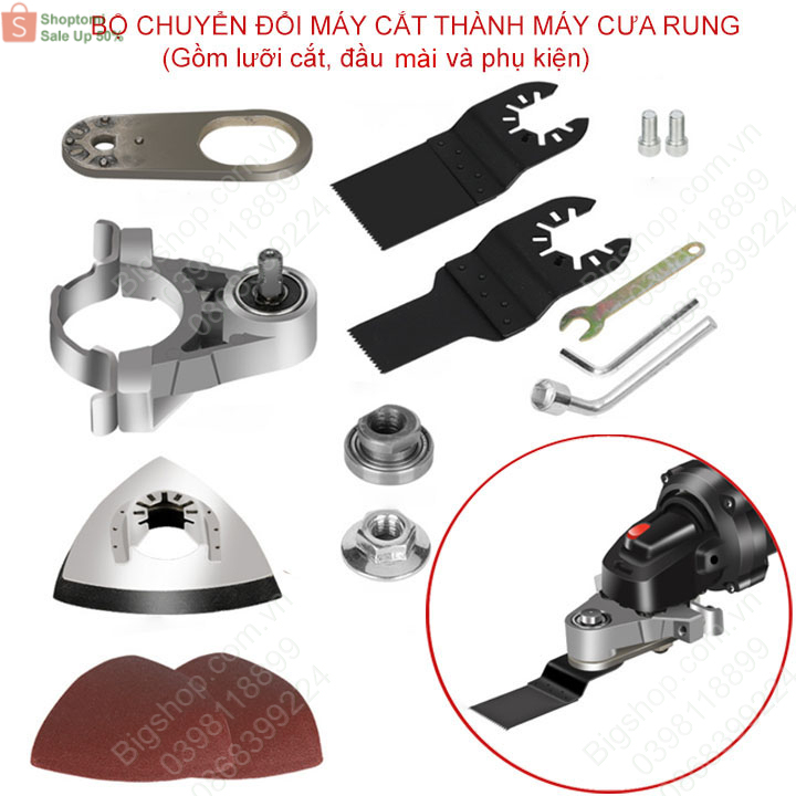 Bộ chuyển đổi máy mài góc (trục D10mm) thành máy cắt rung, kèm 2 lưỡi cắt 1 đầu mài và phụ kiện, hợp kim nhôm rất bền