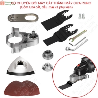 Bộ chuyển đổi máy mài góc (trục D10mm) thành máy cắt rung, kèm 2 lưỡi cắt 1 đầu mài và phụ kiện, hợp kim nhôm rất bền