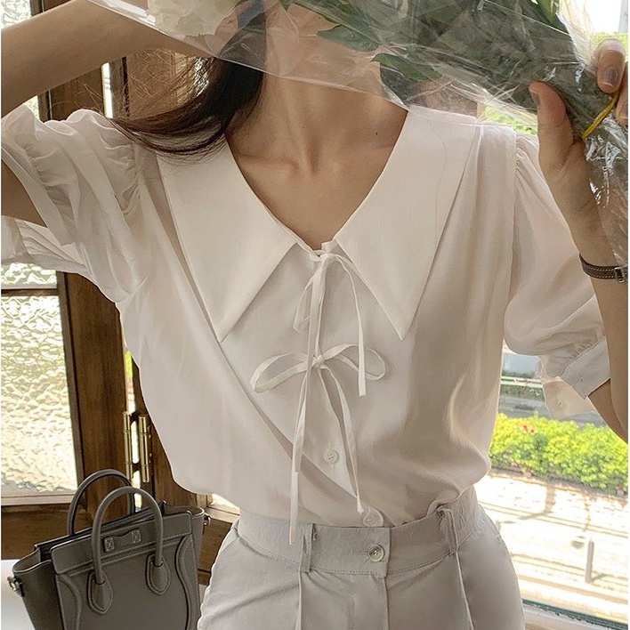 SUXI Áo Sơ Mi Chiffon Tay Ngắn Màu Sắc Trơn Đơn Giản Phong Cách Hàn Quốc