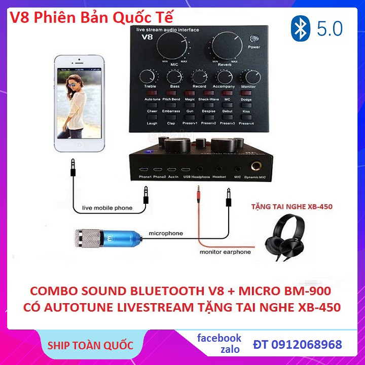 Mic Karaoke Livetream BM 900 + Combo Soundcard V8 Bluetooth + Tặng Tai Nghe XB-450 Hát Karaoke Livetream