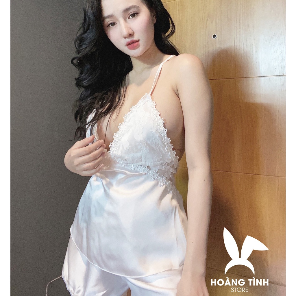 Đồ ngủ sexy 2 dây chéo lưng phối ren gợi cảm Hoàng Tình Store lụa satin cao cấp mềm mịn mặc nhà thoáng mát Freesize