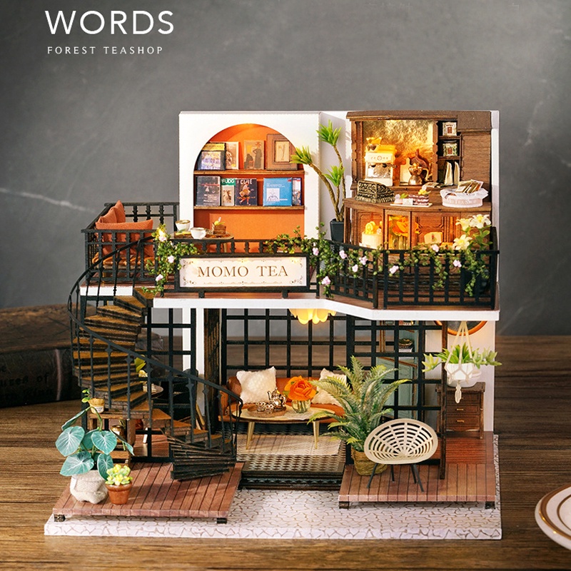 DIY Mô hình nhà búp bê, Phòng trà MOMO Phong Cách Vintage Có Đèn LED LV001