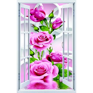 Tranh dán tường 3D cửa sổ hoa hồng BINBIN CS70 (Không phai màu)