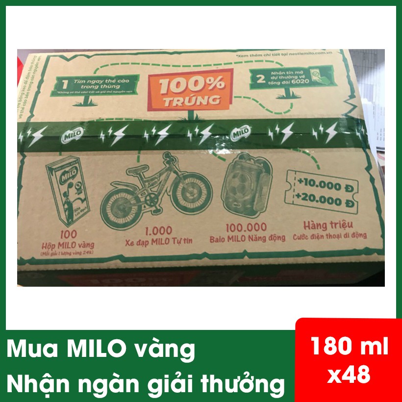 [MILO VÀNG] Thúng 48 hộp thức uống lúa mạch Nestlé MILO ít đường 180ml