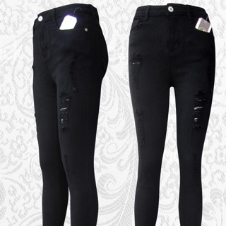 Quần jean nữ skinny đen mài rách cạp cao 03