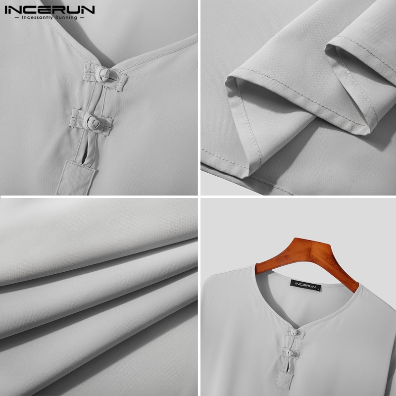 Áo thun INCERUN tay lỡ cổ chữ v màu sắc đơn giản phong cách trung hoa cho nam giới