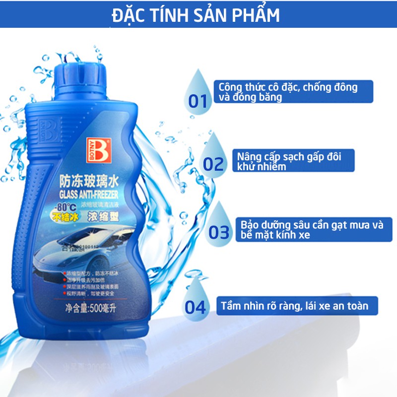 Dung dịch châm két nước xe chống đông kính BOTNY glass anti-freezer 500ml,nước rửa kính bảo vệ không đóng băng -B-2075