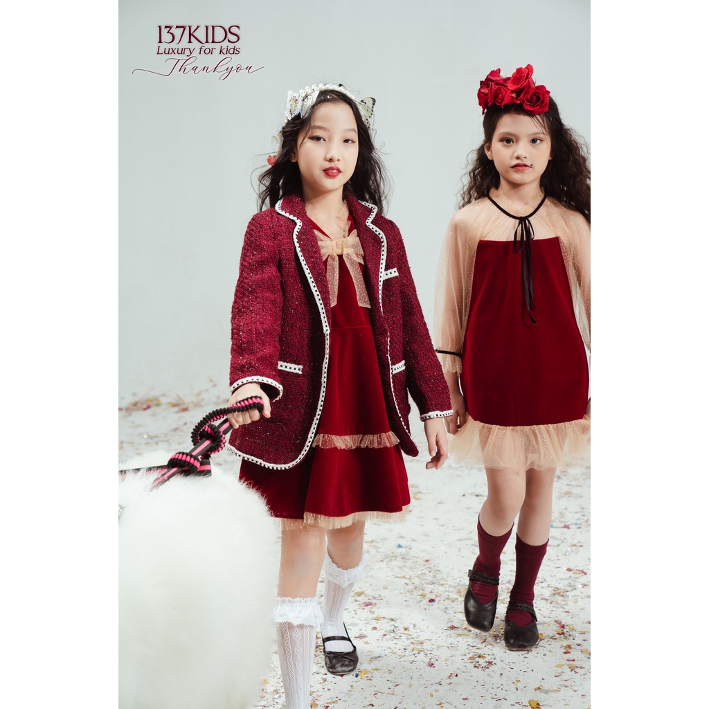Váy nhung đỏ thiết kế tay voan 137KIDS dáng xòe cho bé gái