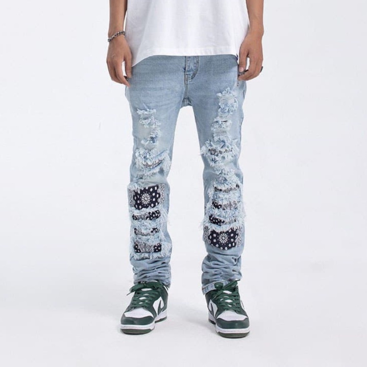 Quần jeans nam local brand ClownZ Bandana Denim màu xanh rách gối, form chuẩn, chất cotton