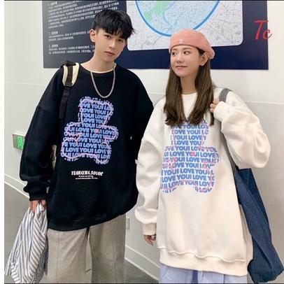 Áo sweater in hình gấu vải nỉ thu đông co dãn, from rộng dài tay