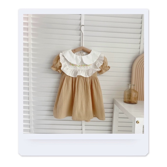 Váy hè cộc tay chất xô phối thêu ngực-chất mát thấm mồ hôi cho bé gái 8-19kg