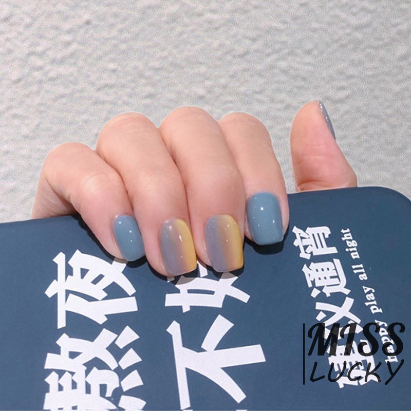 VN (Hàng Mới Về) Set 24 Móng Tay Giả Màu Xanh Dương / Tím / Vàng Gradient Độc Đáo