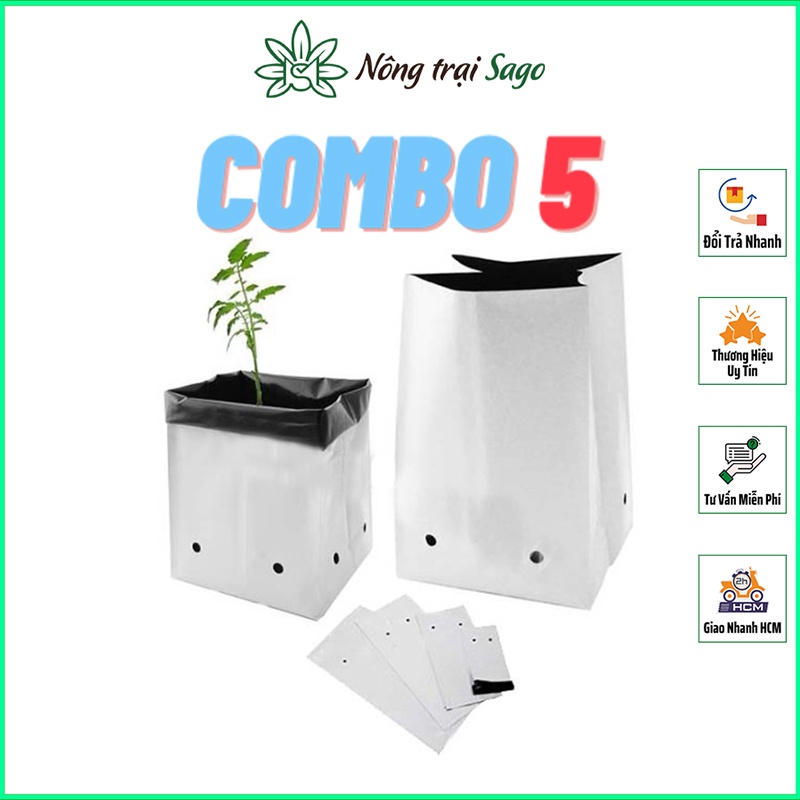 [Combo 5] Túi Trồng Cây 2 Da, Có Sẵn Lỗ Thoát Nước, Chịu Nhiệt Tốt - Nông Trại Sago