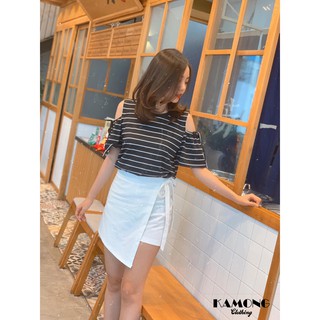 Set quần giả váy + áo thun sọc hở vai s004