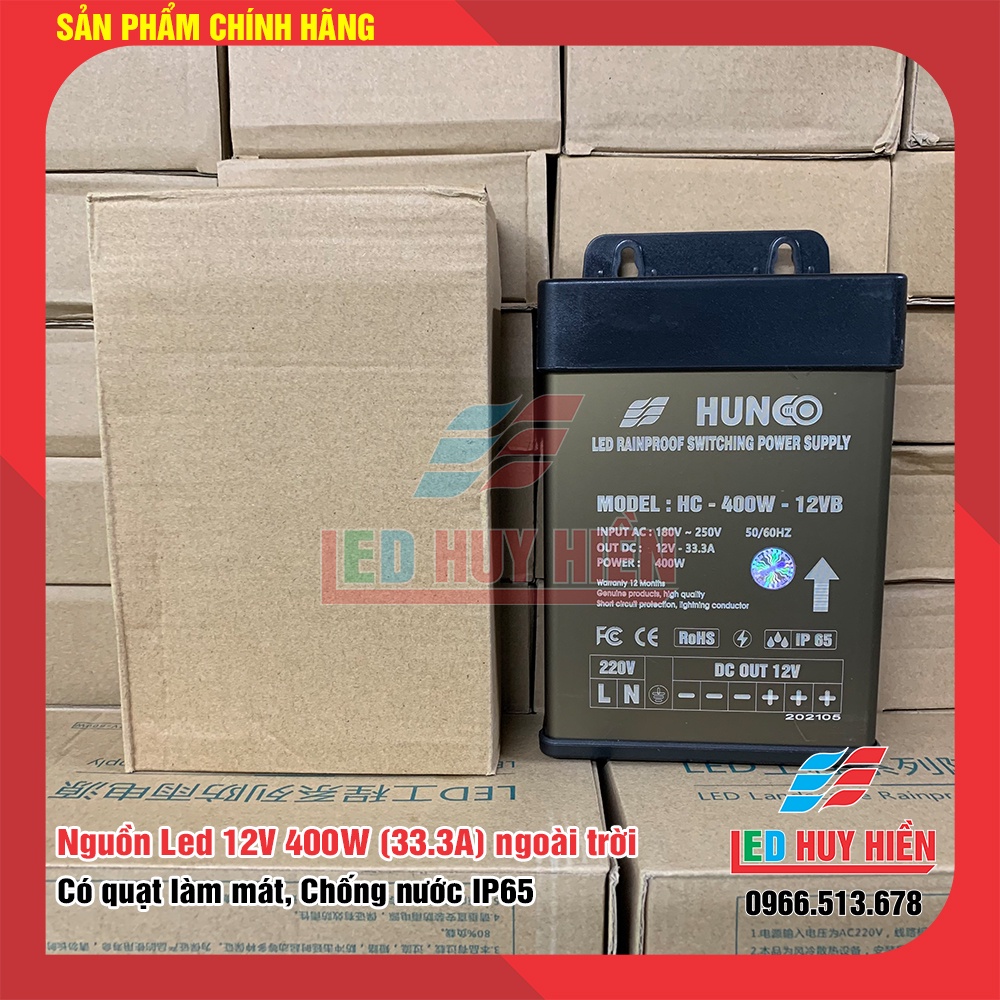 Nguồn led 12v 33A HUNCO chống nước ngoài trời, (nguồn Led 12v 400w ngoài trời) HUNCO 12V33a đồng