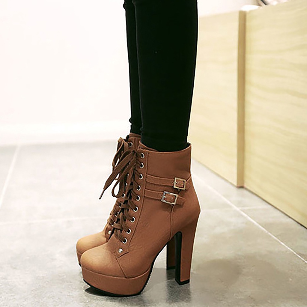 [Louislife] Womens Ankle Boots Lace Up High Heels Chunky High Heel Knight Boots