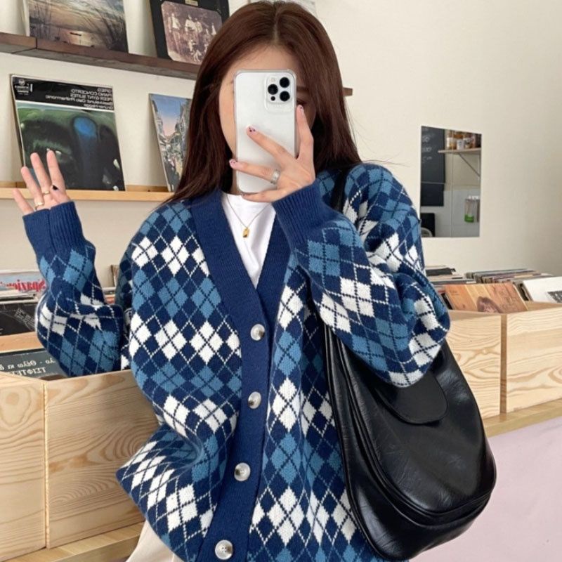 Áo Khoác Sweater Tay Dài Dáng Rộng Họa Tiết Kẻ Sọc Caro Phong Cách Retro Đơn Giản
