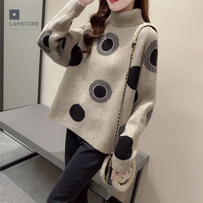 Áo len nữ form rộng cao cổ chấm bi to LAHSTORE thu đông 2021, phong cách Hàn Quốc trẻ trung, chất liệu dày dặn (Nâu Sữa)