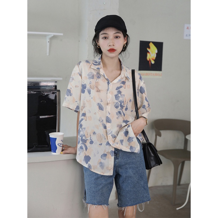 Áo sơ mi kiểu nữ Thiết kế Voan hoa Ngắn tay Retro Mùa Hè Ulzzang Thời trang Áo sơ mi nữ kiểu Form rộng Thời trang