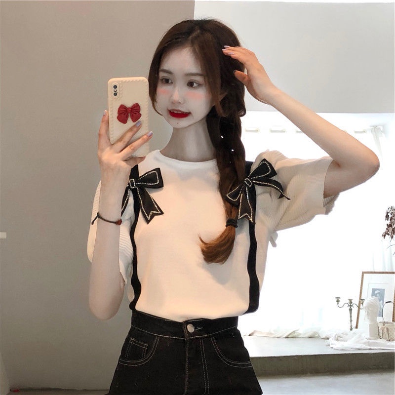 Áo Thun Tay Ngắn Hở Vai Dáng Ôm Phối Nơ Phong Cách Phương Tây Dành Cho Nữ  tao bao