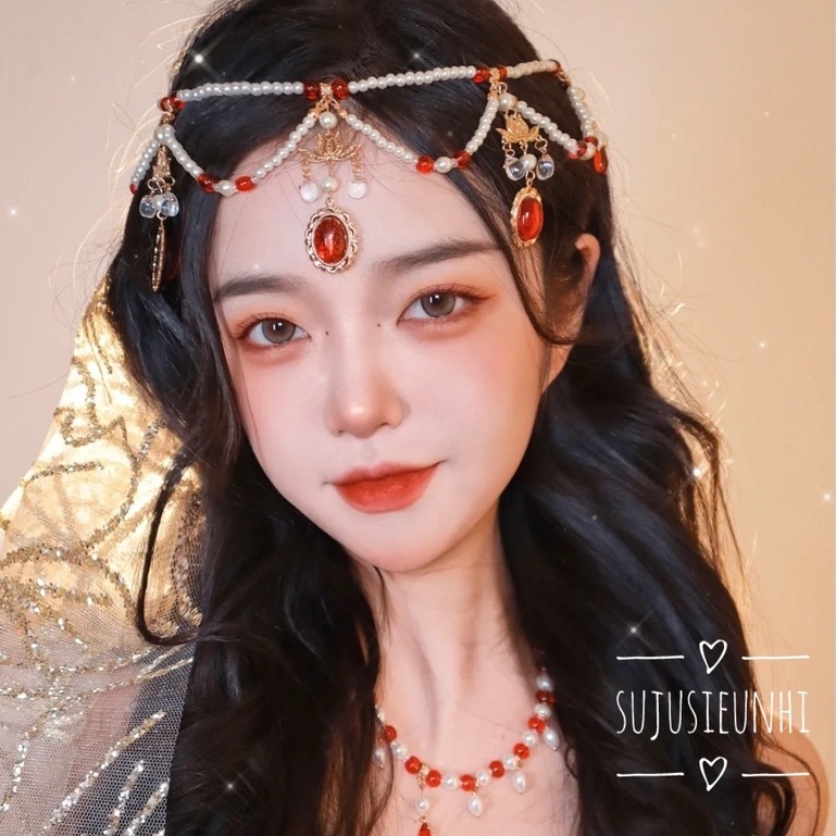 2 mẫu vòng ngọc nhân tạo màu đỏ đeo cổ, đeo trán phong cách cổ xưa Trung Hoa