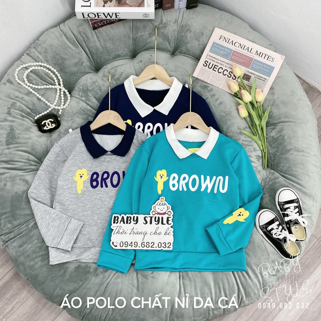 Áo thu đông bé gái &quot;BROWN&quot; 14-45kg, Áo nỉ polo dài tay cổ bẻ cho bé 4-15 tuổi. Thiết kế đẹp, năng động. G48