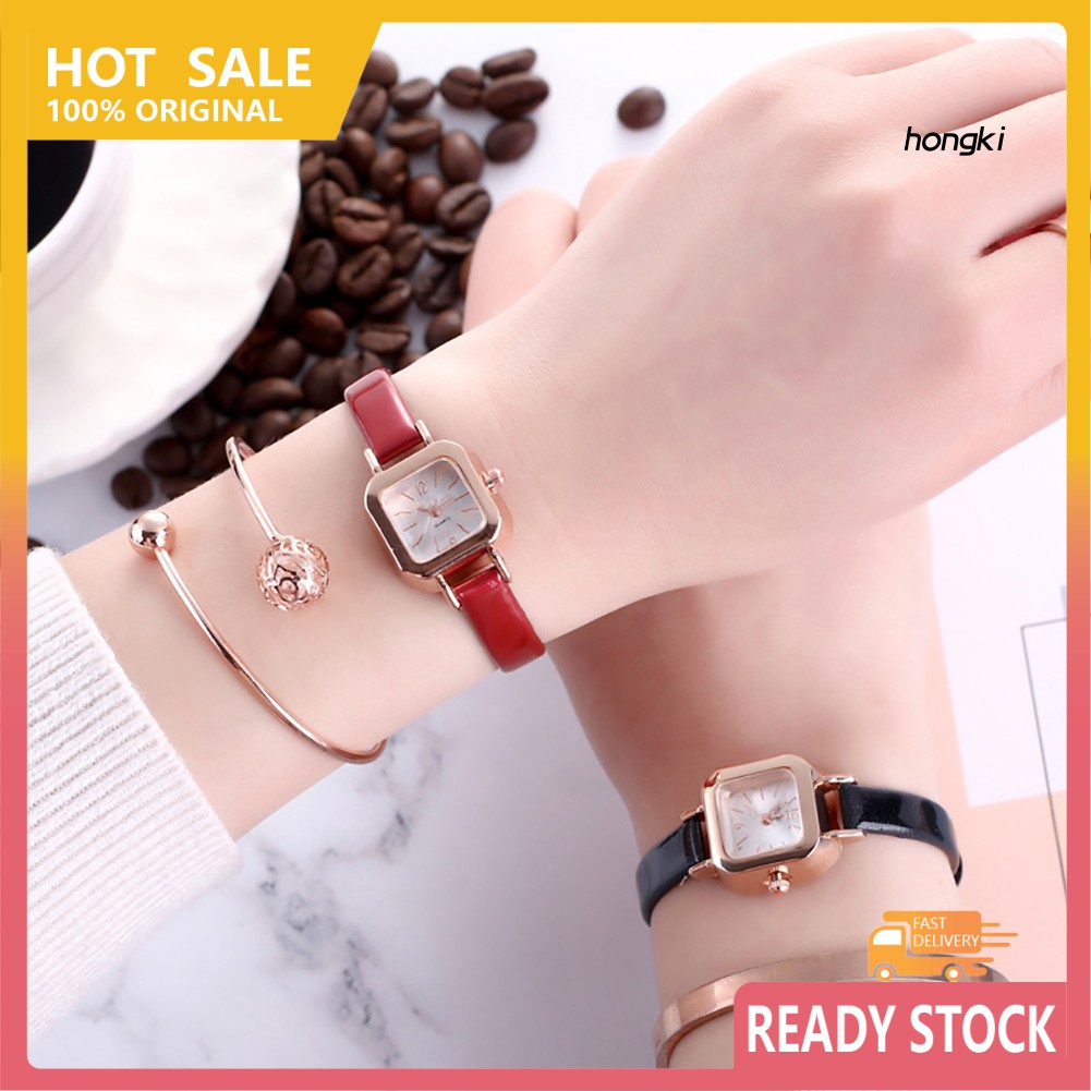 Đồng Hồ Đeo Tay Có Dây Đeo Bằng Da Giả Và Mặt Đồng Hồ Hình Vuông Màu Trơn Thời Trang Cho Nữ