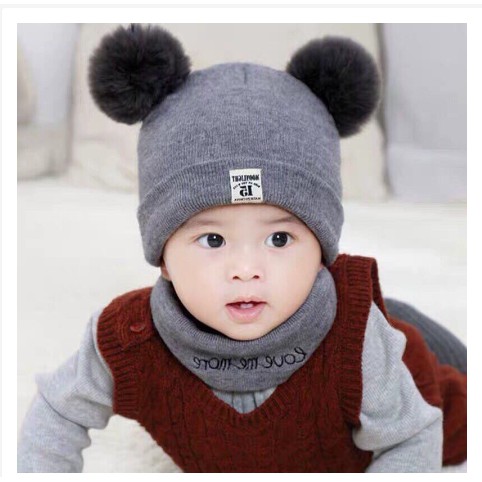 Mũ len,nón len có 2 quả cầu bông tặng kèm khăn cho bé trai,bé gái từ 6 tháng đến 2 tuổi.Mẫu Mới JC04