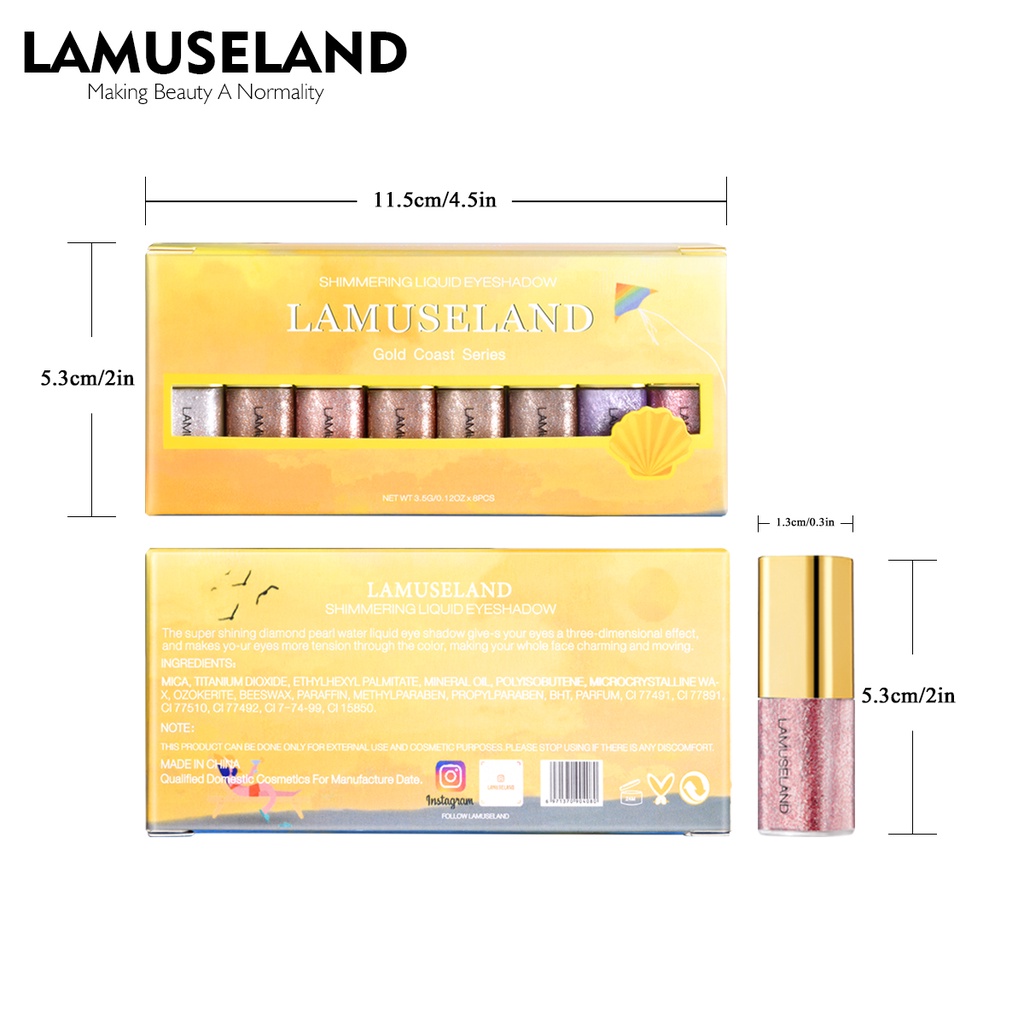 Bộ 8 lọ phấn mắt dạng lỏng LAMUSELAND tông màu nhũ lấp lánh trang điểm làm đẹp 69g