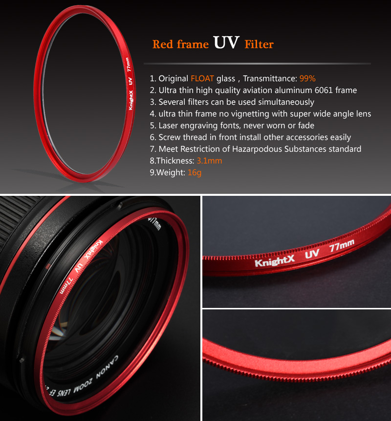 Kính lọc UV khung đỏ thích hợp cho Camera d7000 d5600 d3200 d3400 49mm 52mm 55mm 58mm 62mm 67mm 72mm 77mm