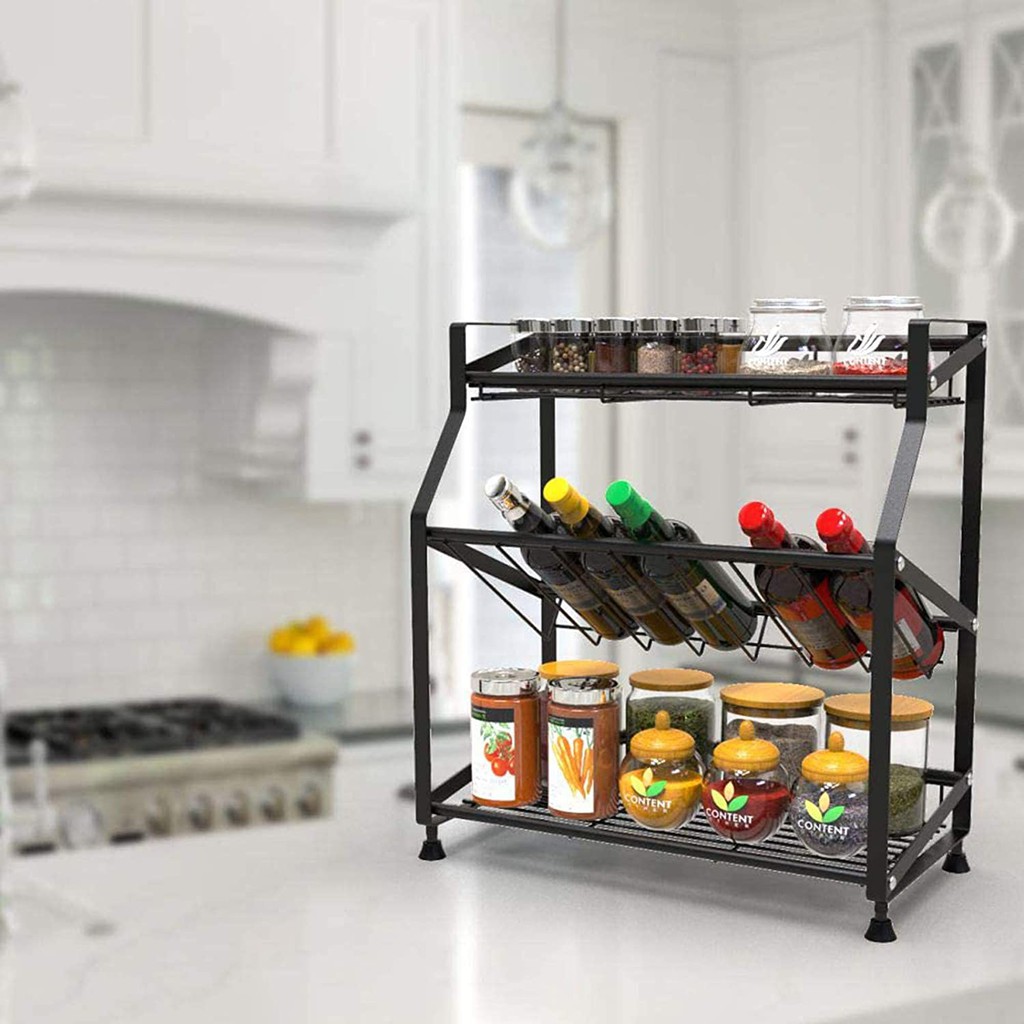 Giá kệ đựng gia vị, chai lọ INOX 304 được sơn đen tĩnh điện CAO CẤP để nhà bếp, phòng ăn