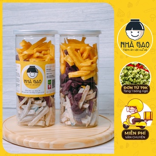 Khoai lang sấy cọng mix 3 vị vàng, tím, khoai môn lon 300g nhà gạo siêu ngon