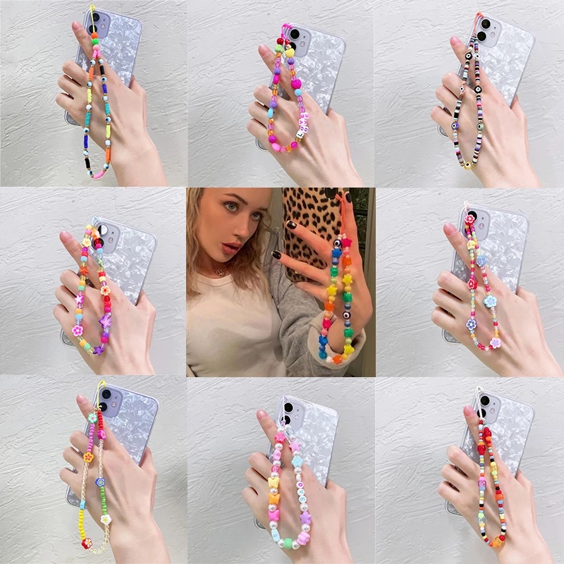 Dây chuỗi đính hạt cườm trang trí điện thoại đầy màu sắc phong cách Hàn Quốc