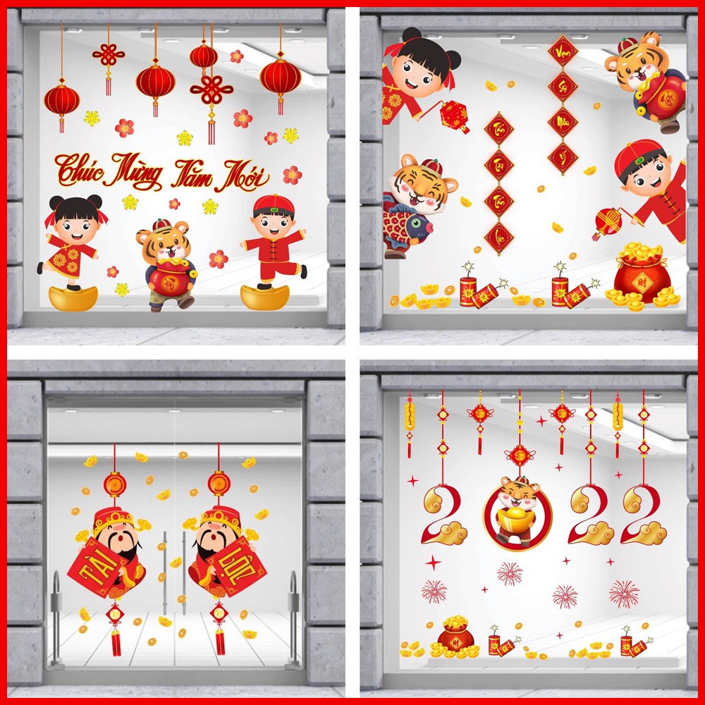 Decal Trang Trí Tết Bé Múa Lân Và Thần Tài Đón Tết - Decal tết cao cấp không viền trắng có sẵn keo sẵn [Hỗ trợ xuất VAT]