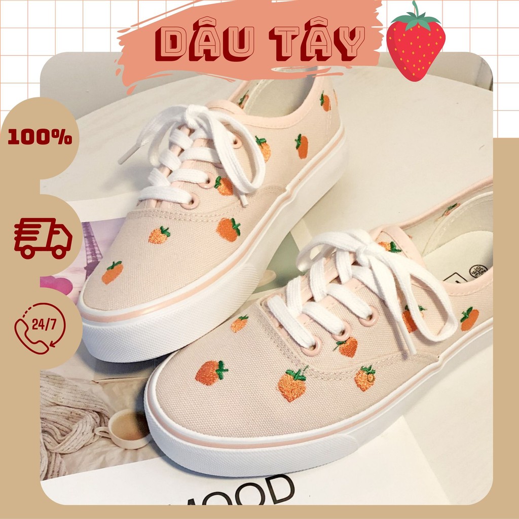 Giày thể thao họa tiết thêu dâu tây (ảnh thật ở cuối)