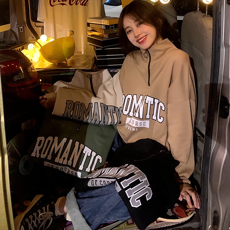 Áo sweater tay dài cổ đứng phối khóa kéo phong cách retro trẻ trung thời trang