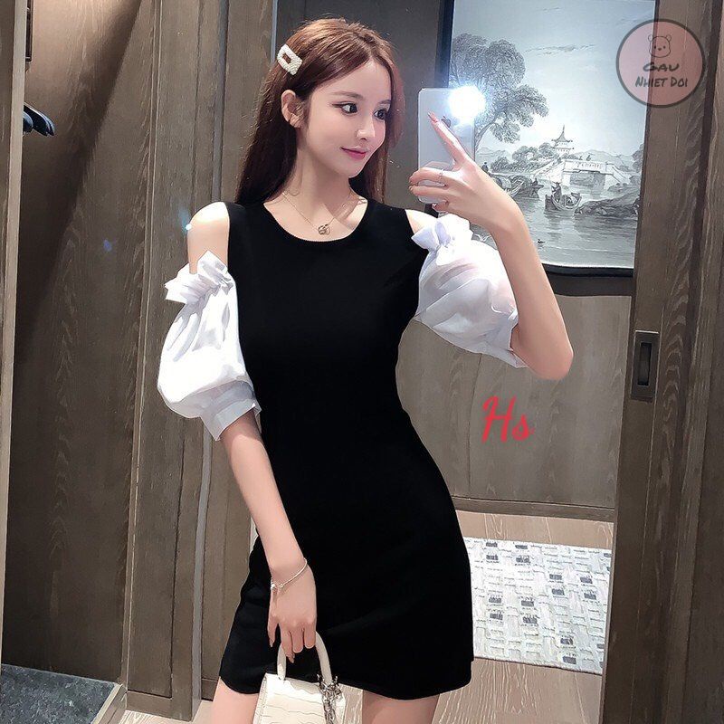 Váy Borip Phối Tay Phồng Hở Vai Kiểu Dáng Tiểu Thư Hai Freesize Màu Đen/Xám