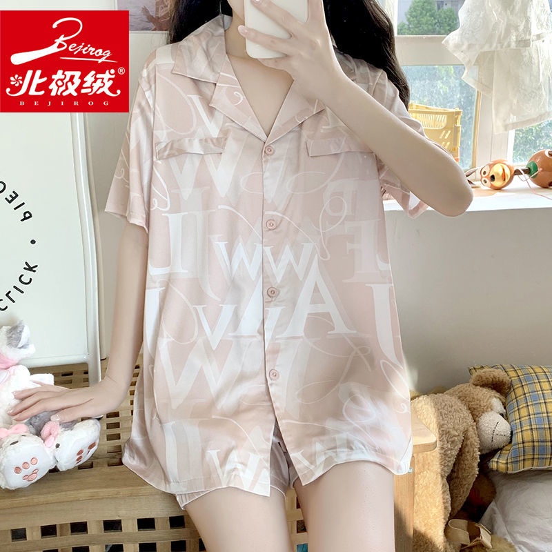 New style ice silk pajamas women's suit sweet girl style home clothes net red lovely Korean imitation silk short sleeved shorts