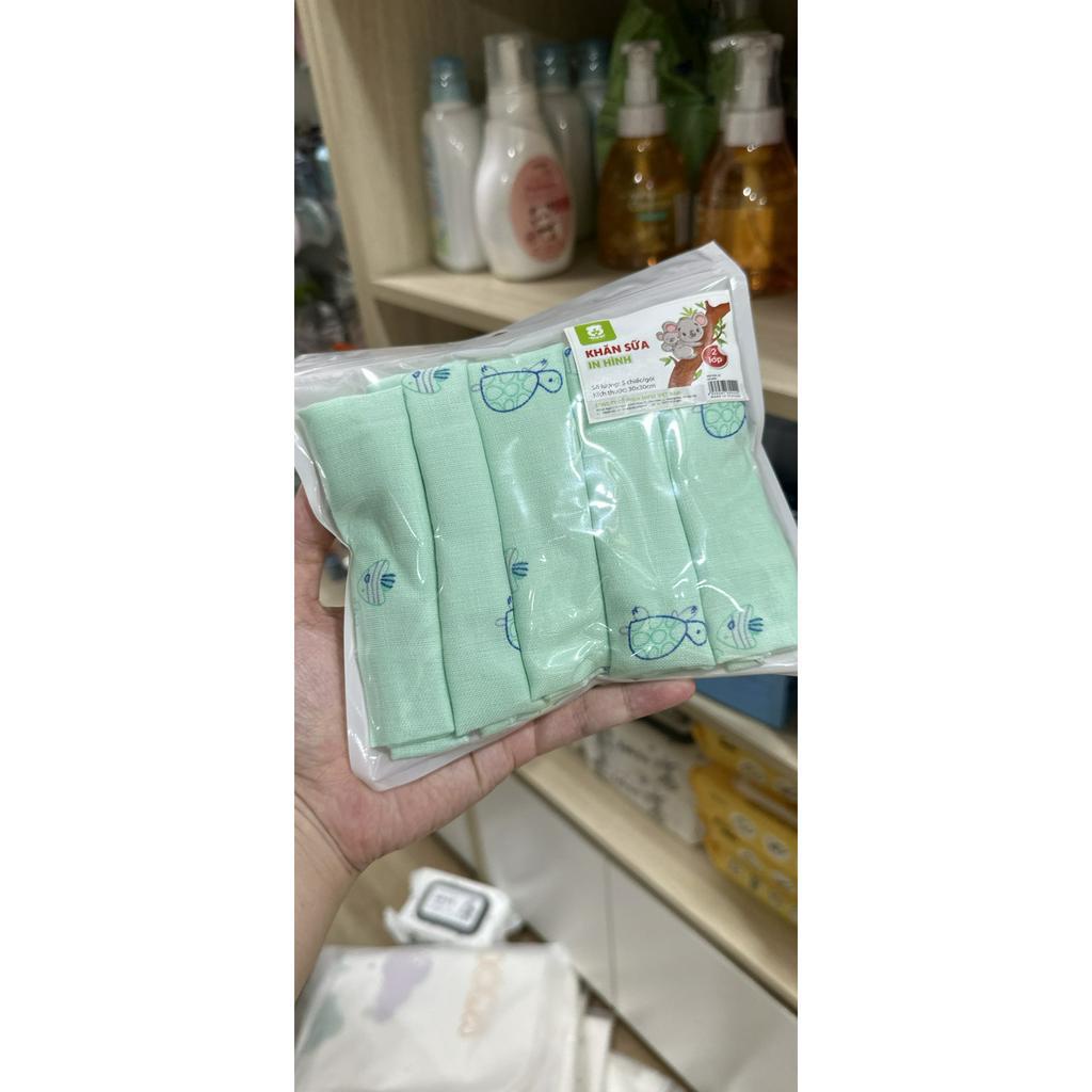 Set 5 Khăn sữa MIPBI 2 lớp cotton in hình 30x30cm 100% vải cotton không xù không bai Việt Nam
