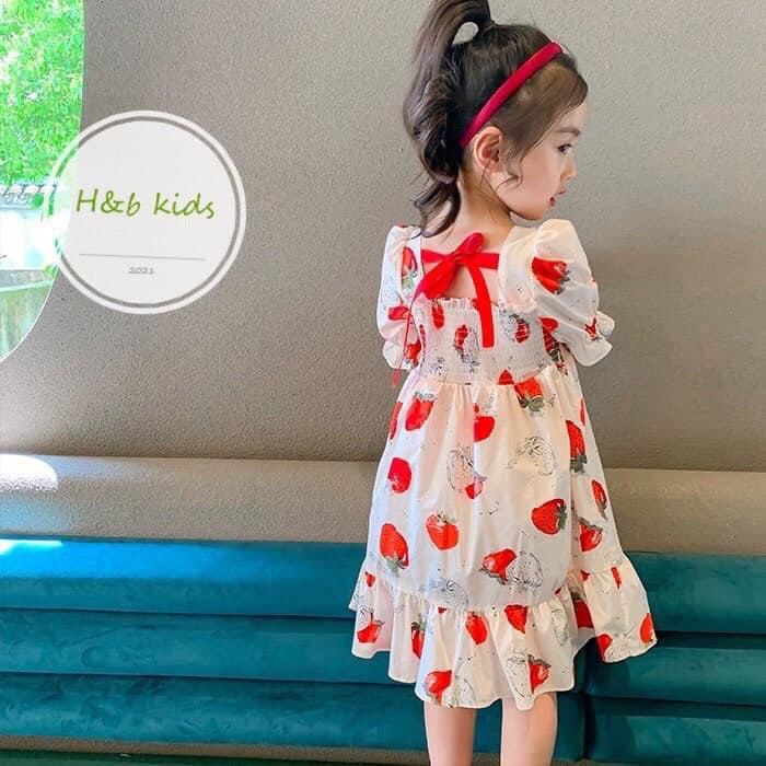 Váy dâu tây cho bé gái từ 8-18kg Kidbabyonline K112- Váy bé gái vải thô siêu mát