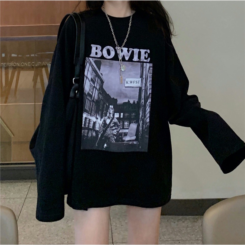 Áo thun tay dài dáng rộng in họa tiết phong cách mùa thu Hàn Quốc sành điệu cho nữ