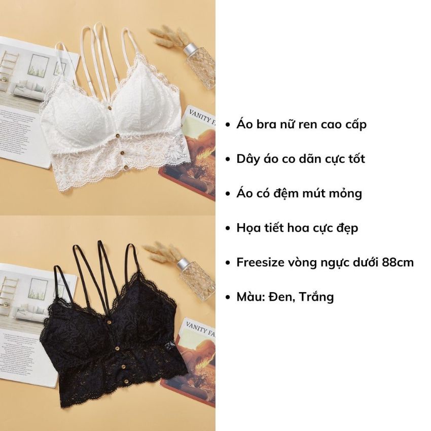 Áo ngực ren kèm đệm mút mỏng nâng ngực quyến rũ, bất kể đen huyền bí hay trắng tinh khôi, Áo bra ren 2 dây Cao Cấp A7252